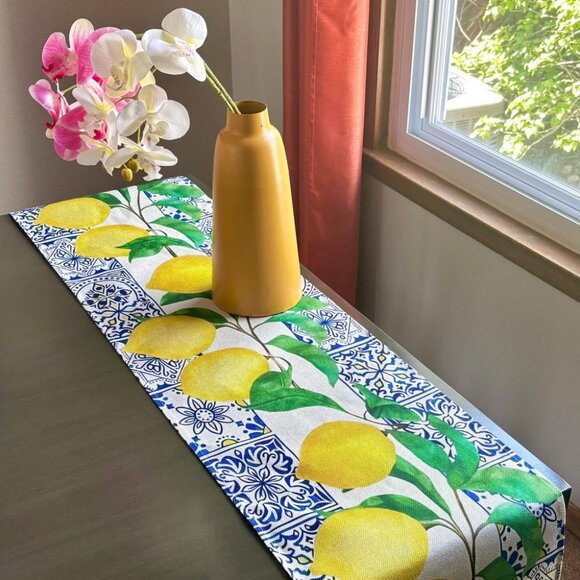 Elegant Mediterranean Blue Tile Border Lemon Leafy Branches 72" Table Runner - Picture 1 of 6